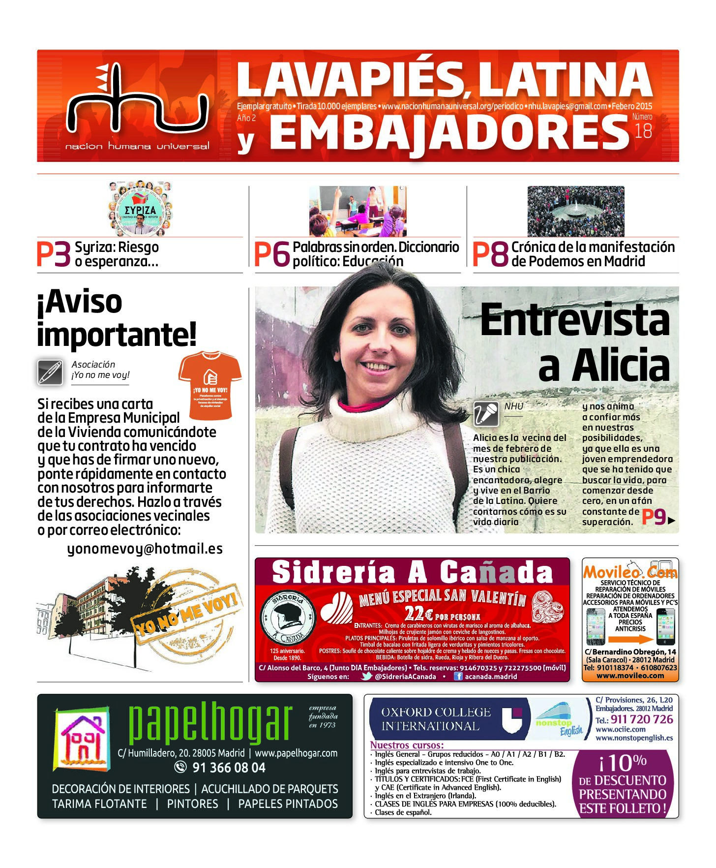 Portada del periódico Nación Humana Universal número 18 (2015)