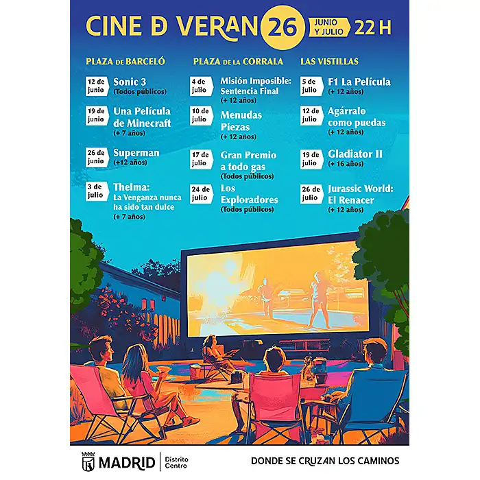 Cartel del cine de verano en las plazas de Barceló, la Corrala y las Vistillas