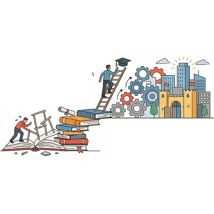 Ilustración de figuras sobre libros y escaleras, con un birrete, engranajes y edificios