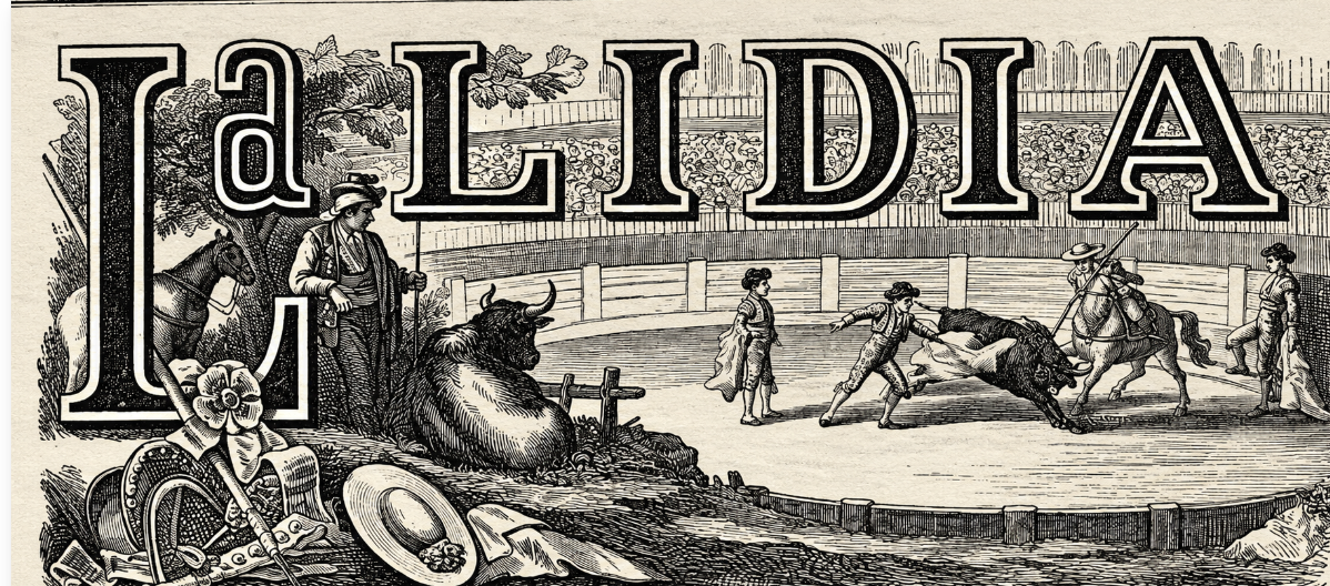 Grabado en blanco y negro de La Lidia con un toro, participantes y figuras a caballo en una plaza