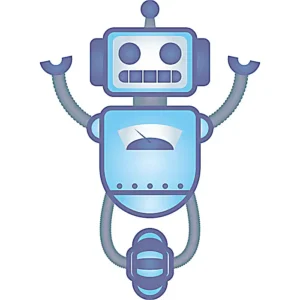 Ilustración de un robot azul con antena y brazos terminados en pinzas sobre fondo blanco