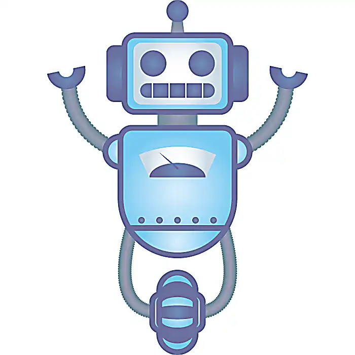 Ilustración de un robot azul con antena y brazos terminados en pinzas sobre fondo blanco