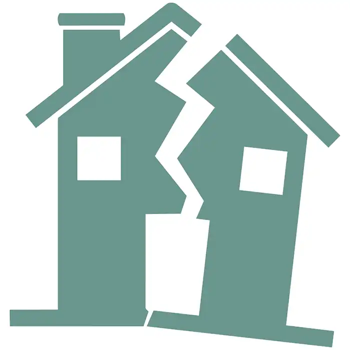 Ilustración de una casa dividida por una grieta blanca en zigzag sobre fondo claro