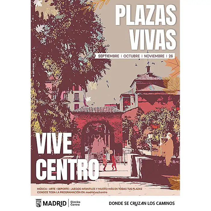 Cartel ilustrado de Plazas Vivas con actividades de septiembre, octubre y noviembre de 2026